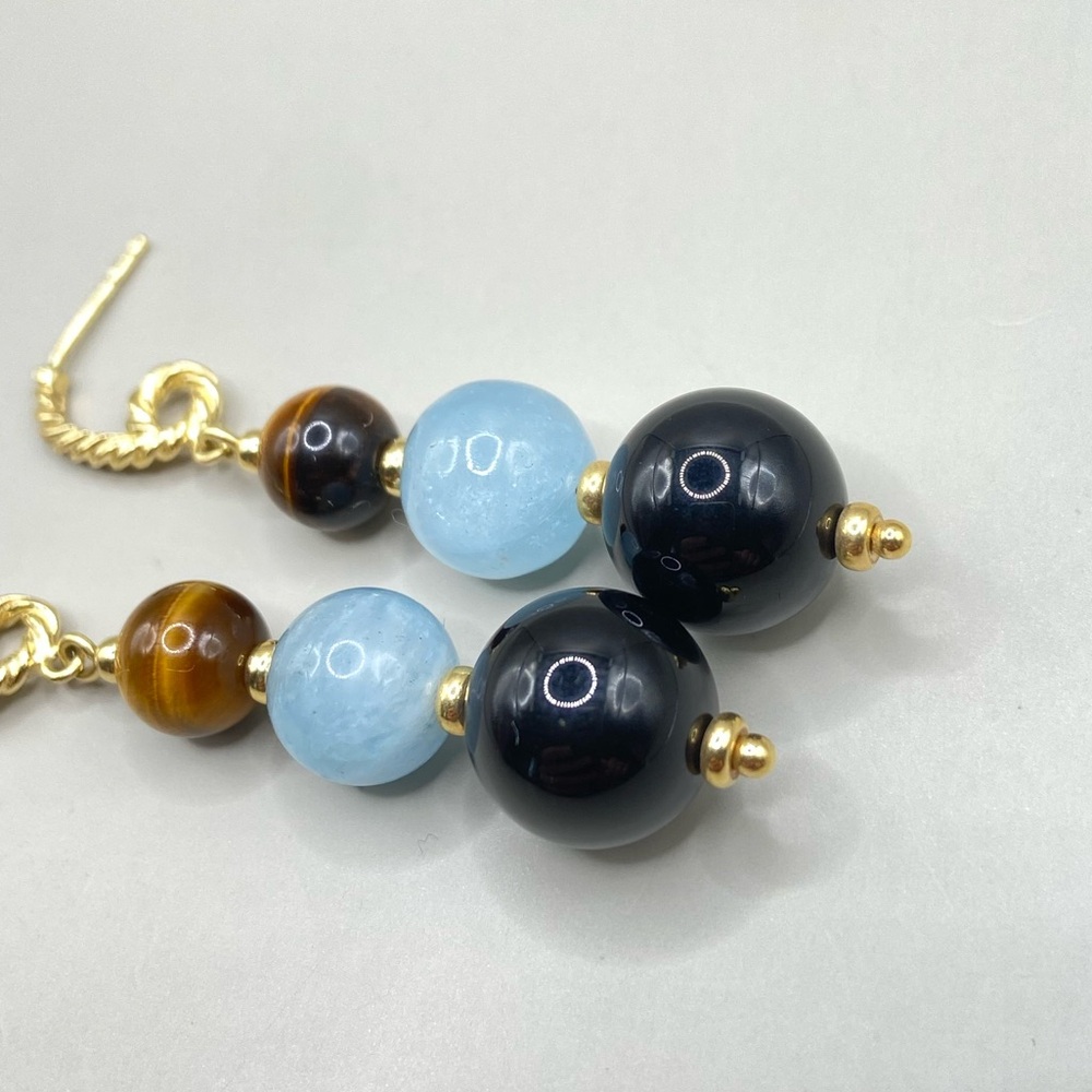 David Yurman 18K Yellow Gold Tiger Eye Black Onyx Bead Earrings - Picture 8 of 10